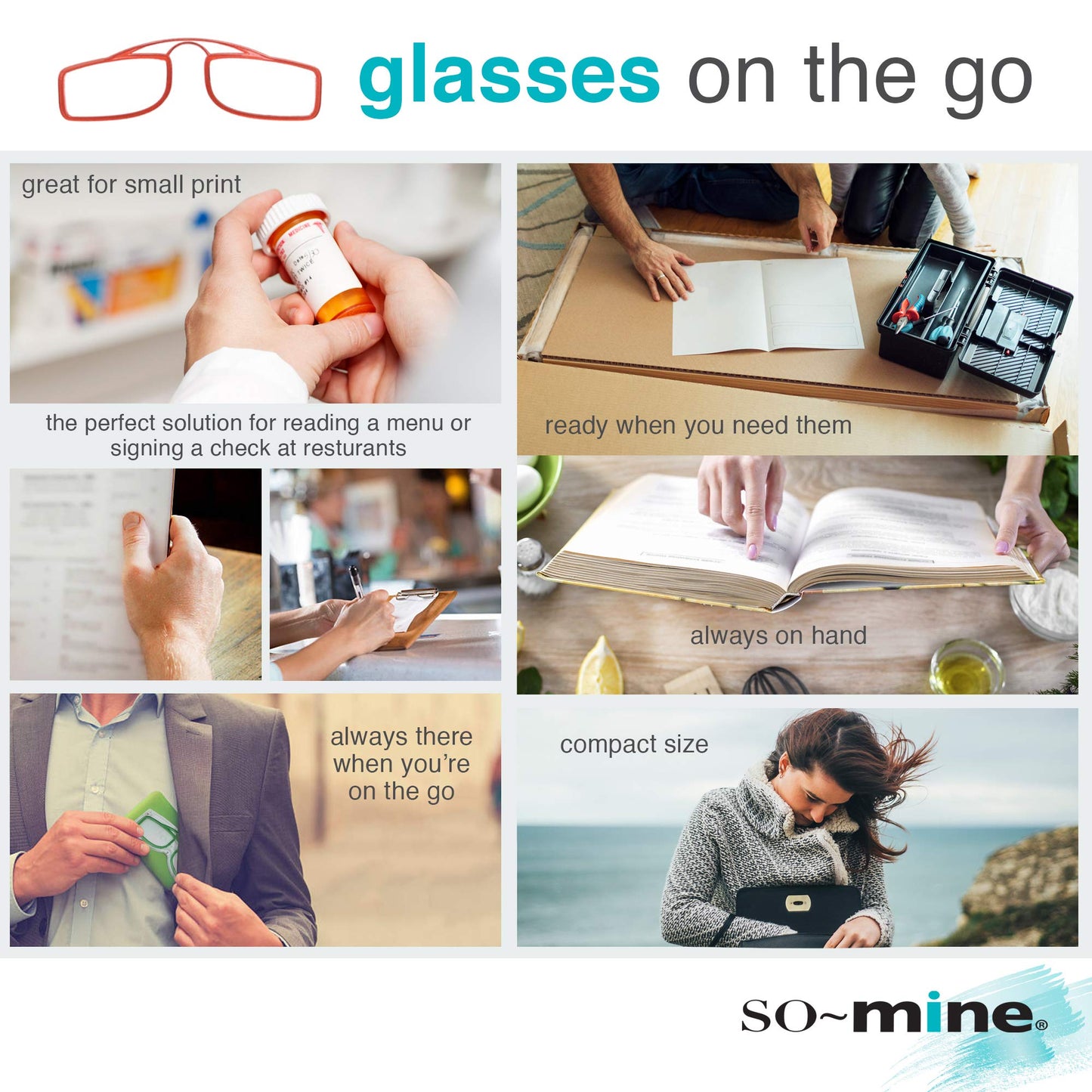 So-Mine Reading Glasses on the Go, +1.50 Magnification, Sits on Nose, Storage Case, Turquoise - As Seen On TV!