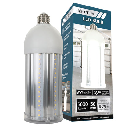 GT-Lite LED Corn Cob Bulb, 50W (300W Equivalent), 5000 Lumen, Daylight 5000K, E26 Base Energy Saving LED Light for Indoors Garage Workshop Warehouse