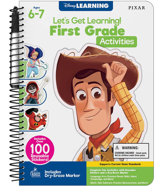 Disney Learning Let's Get Learning! 1st Grade Activity Book, Wipe Clean Workbook With Math, Phonics, Handwriting, and Addition & Subtraction Grade 1 Activities, ReUSble Sticker Book for 1st Graders