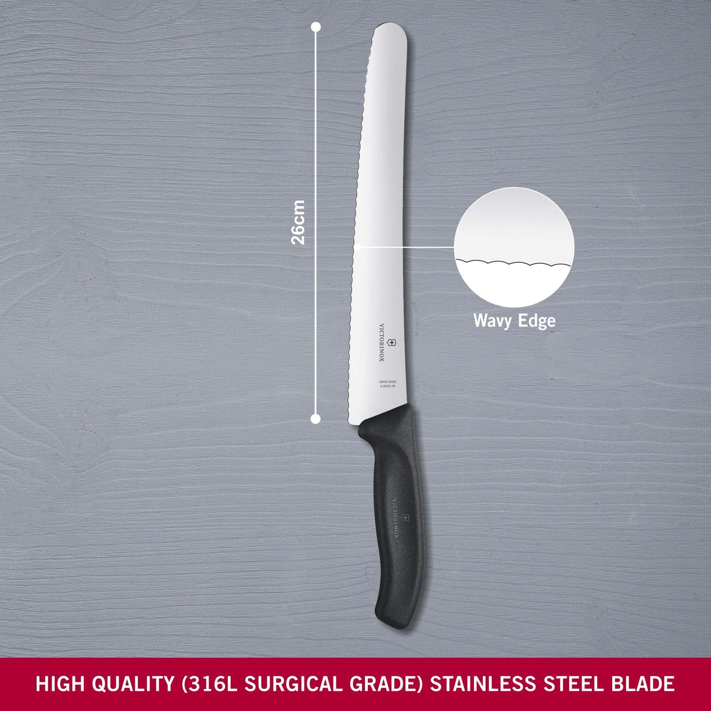 Victorinox" Swiss Classic Wavy Edge Pastry Knife with 26 cm Blade, Stainless Steel, Black, 30 x 5 x 5 cm