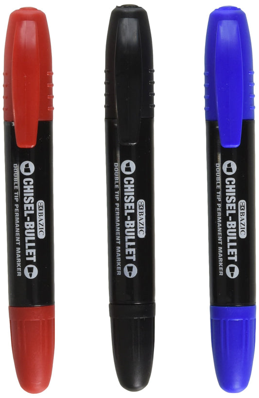 BAZIC Asst. Color Double-Tip Permanent Marker (3/Pack)