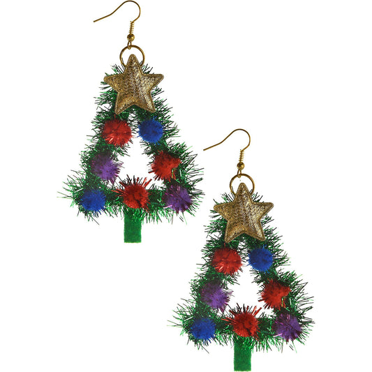 Amscan Tinsel Christmas Tree Earrings, 3", Multicolor