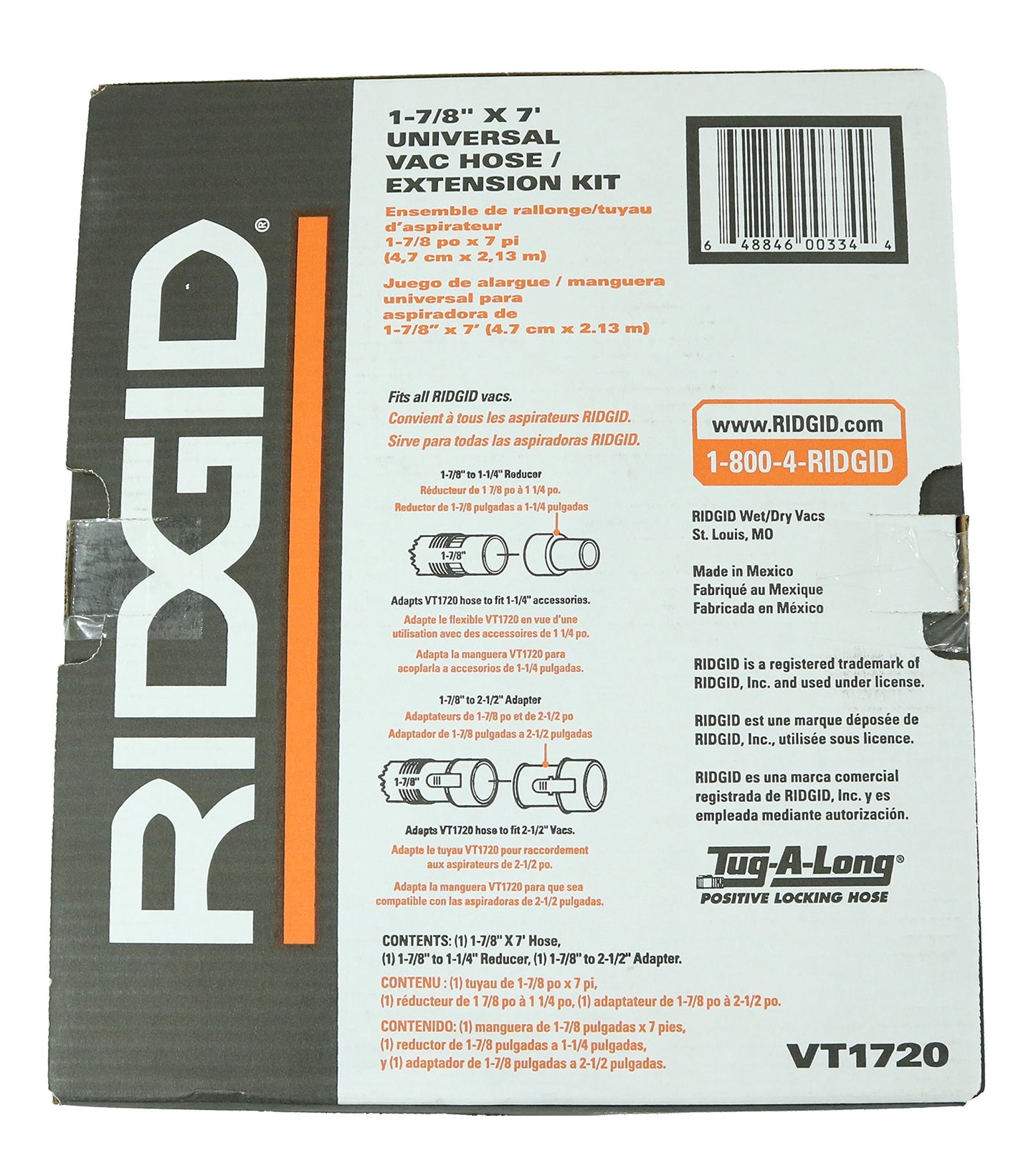 Ridgid Tug-A-Long Genuine OEM 31713 1-7/8 Inch, 7 Foot Vacuum Hose Kit for Wet / Dry Vacuums w/ 1-1/4“ Adapter