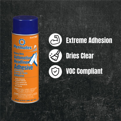 Permatex 27828 Body Shop Heavy Duty Headliner Adhesive, High-Strength Spray Adhesive, Repair Detached Or Loose Interior Parts, Dries Clear, Aerosol Can, 16.75 Oz