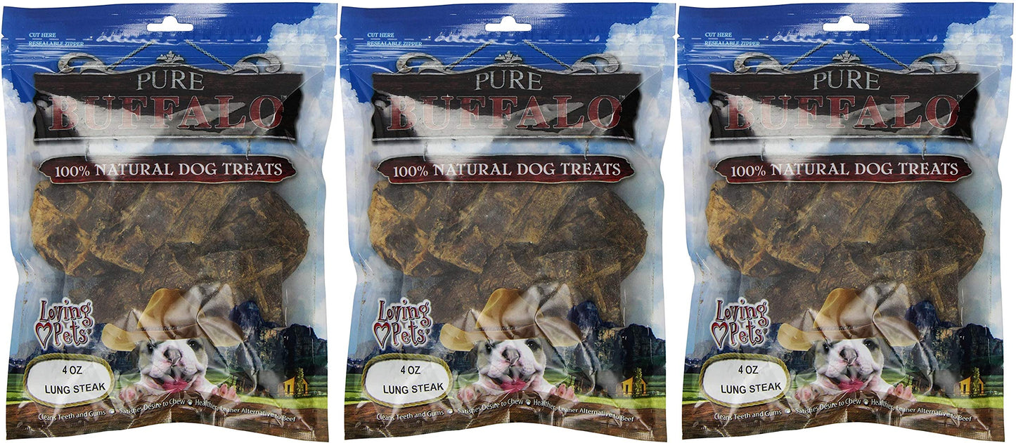 Loving Pets 3 Pack of Pure Buffalo Lung Steaks, 4 Ounces Each, Single-Ingredient Dog Treats