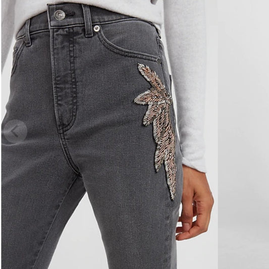 Super High Waisted Black Beaded Side Slim Jeans,6R