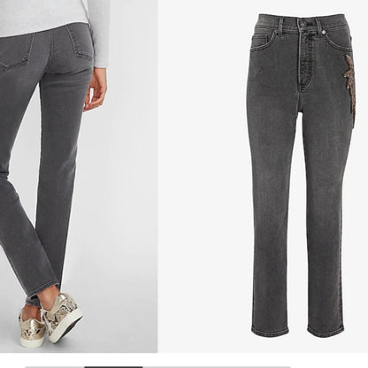 Super High Waisted Black Beaded Side Slim Jeans,6R