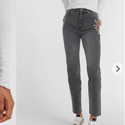 Super High Waisted Black Beaded Side Slim Jeans,6R