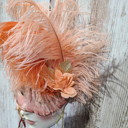 Vintage Clay Art About Face Feathered Pink and Orange Lady Face Hanging Mask