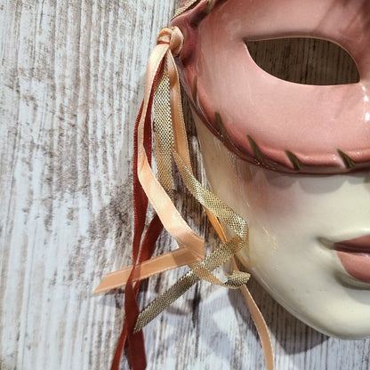 Vintage Clay Art About Face Feathered Pink and Orange Lady Face Hanging Mask