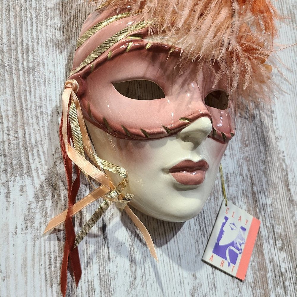 Vintage Clay Art About Face Feathered Pink and Orange Lady Face Hanging Mask