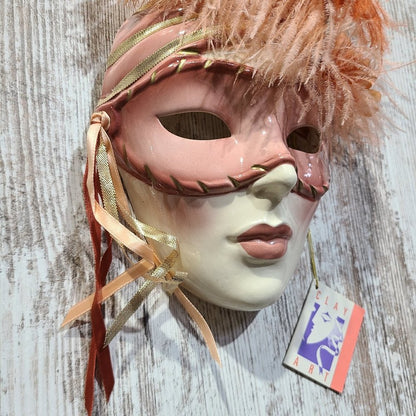 Vintage Clay Art About Face Feathered Pink and Orange Lady Face Hanging Mask