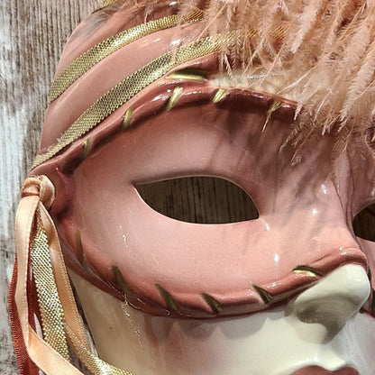 Vintage Clay Art About Face Feathered Pink and Orange Lady Face Hanging Mask