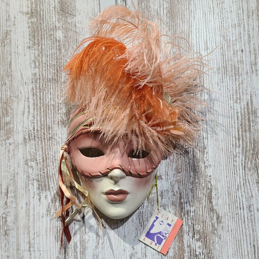 Vintage Clay Art About Face Feathered Pink and Orange Lady Face Hanging Mask