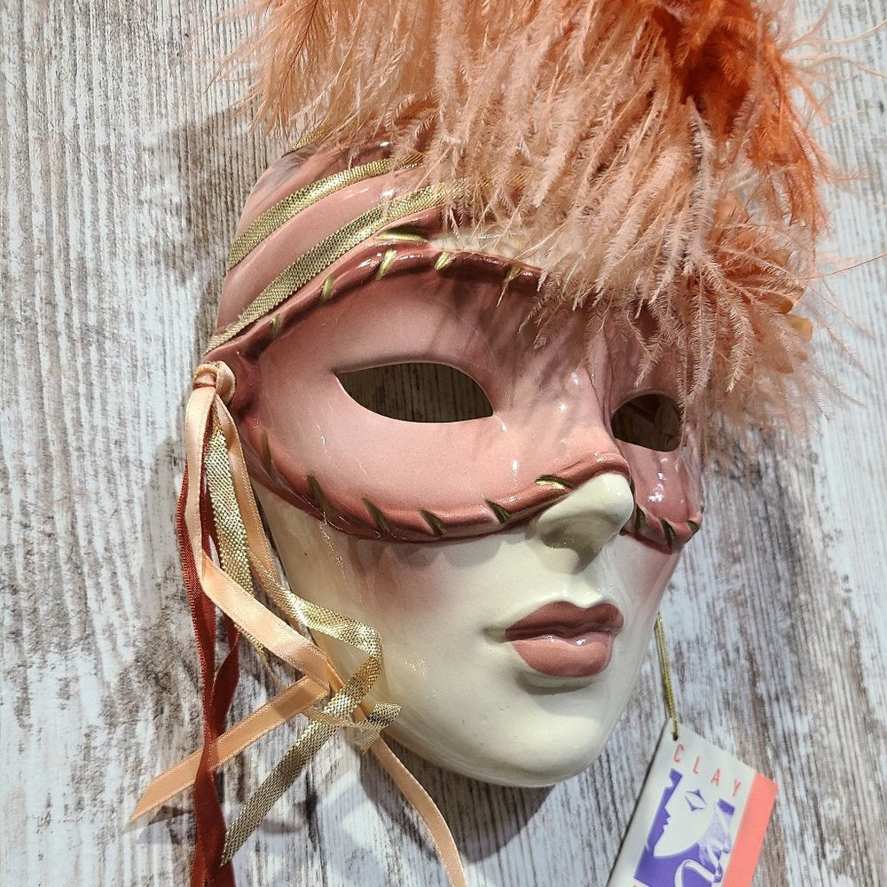 Vintage Clay Art About Face Feathered Pink and Orange Lady Face Hanging Mask