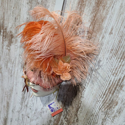 Vintage Clay Art About Face Feathered Pink and Orange Lady Face Hanging Mask