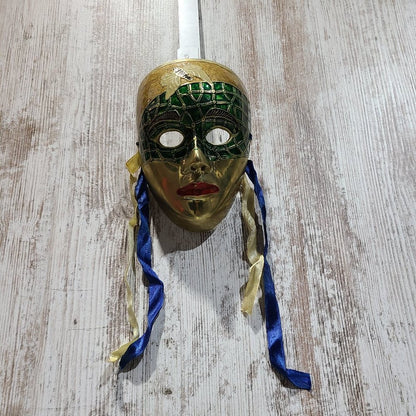 Vintage Green and Gold Hanging Wall Mask, Made in India