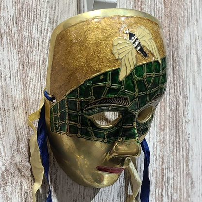 Vintage Green and Gold Hanging Wall Mask, Made in India