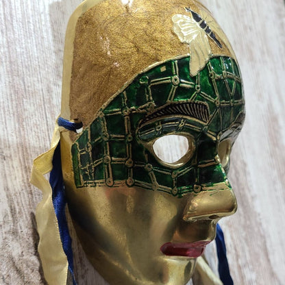 Vintage Green and Gold Hanging Wall Mask, Made in India