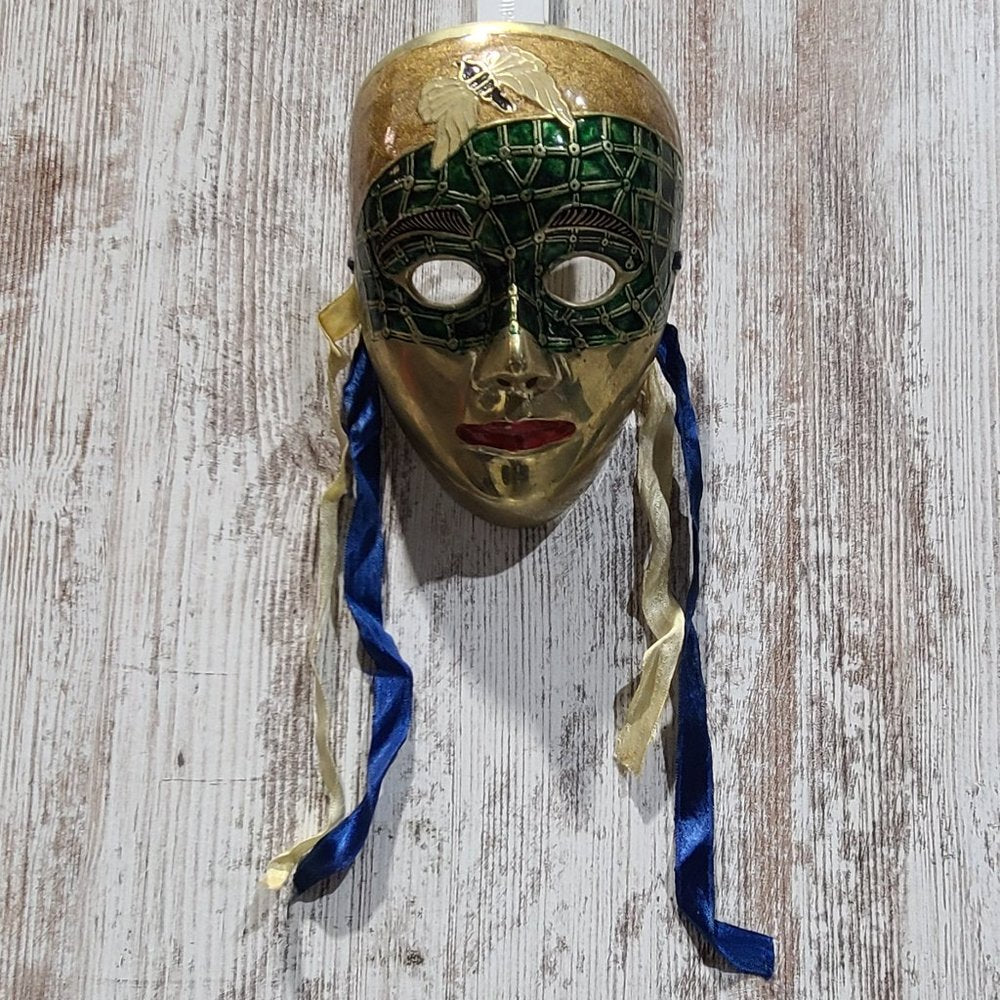 Vintage Green and Gold Hanging Wall Mask, Made in India