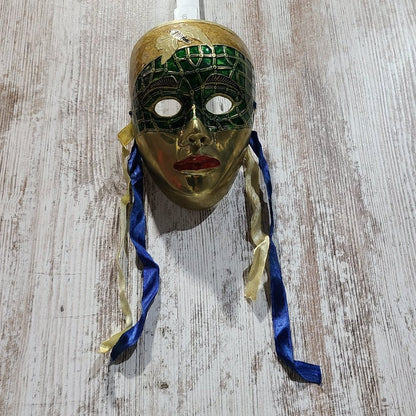 Vintage Green and Gold Hanging Wall Mask, Made in India