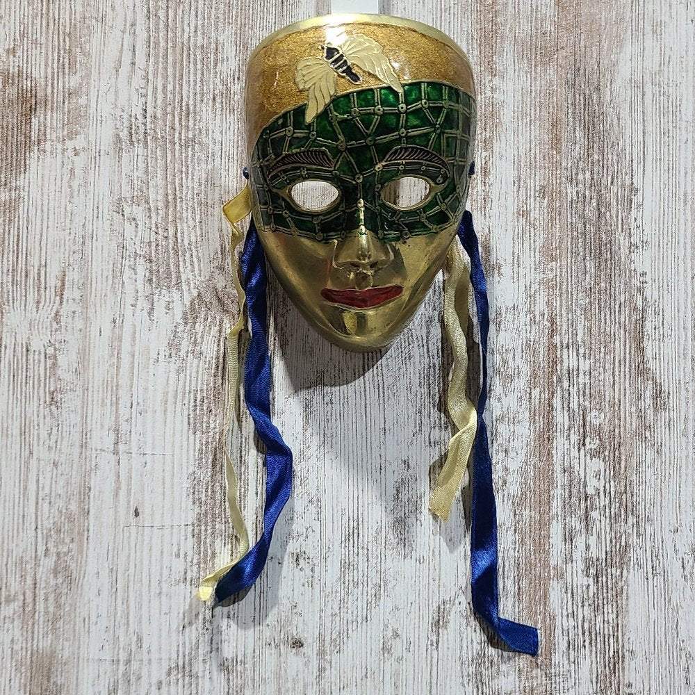 Vintage Green and Gold Hanging Wall Mask, Made in India