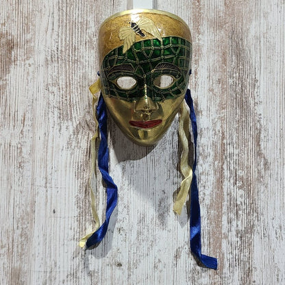 Vintage Green and Gold Hanging Wall Mask, Made in India