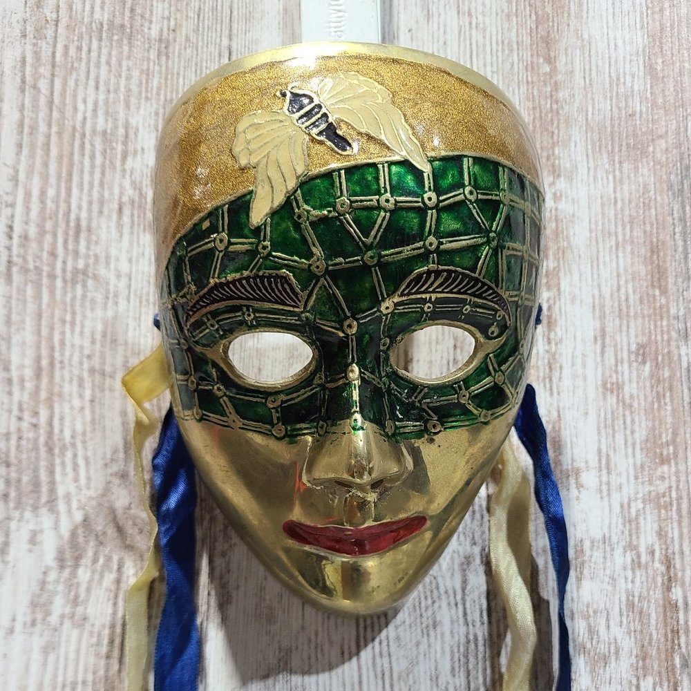 Vintage Green and Gold Hanging Wall Mask, Made in India