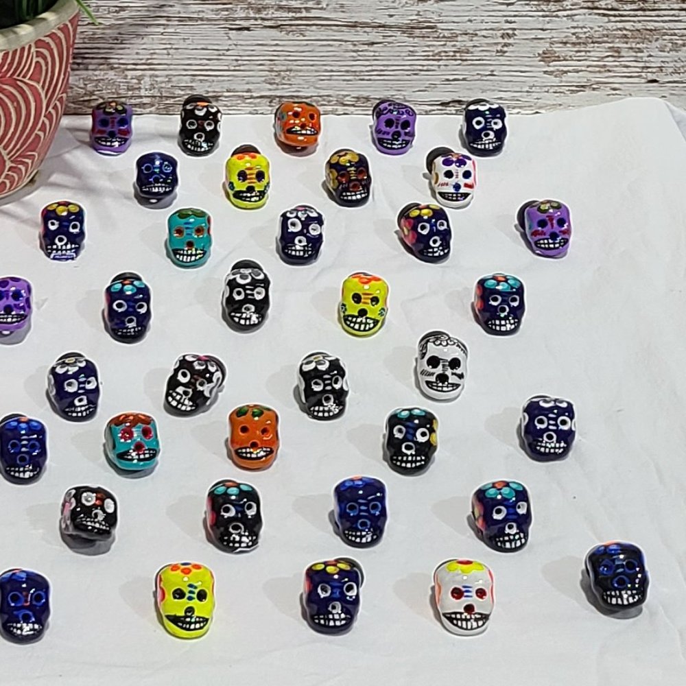 Hand Painted Day of Dead Clay Sugar Skull Magnets, 70 Piece Set