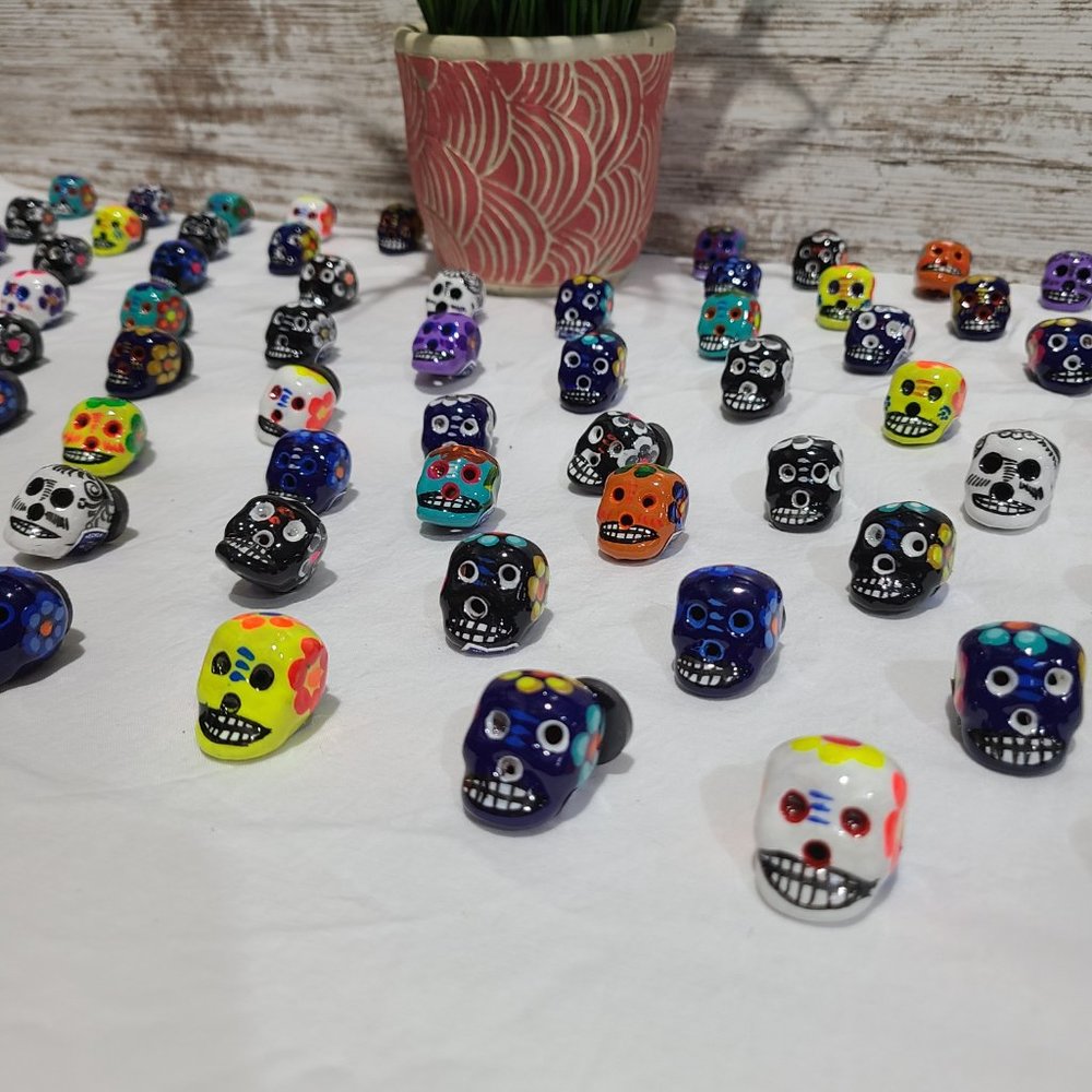 Hand Painted Day of Dead Clay Sugar Skull Magnets, 70 Piece Set