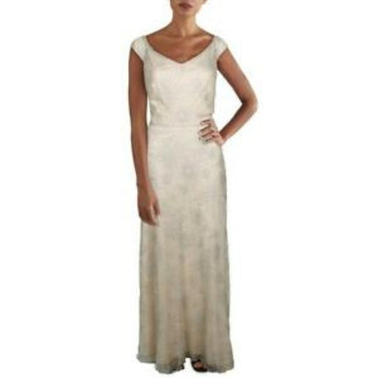 Tadashi Shoji Women's Beige Embroidered Formal Evening Dress Gown Size 12