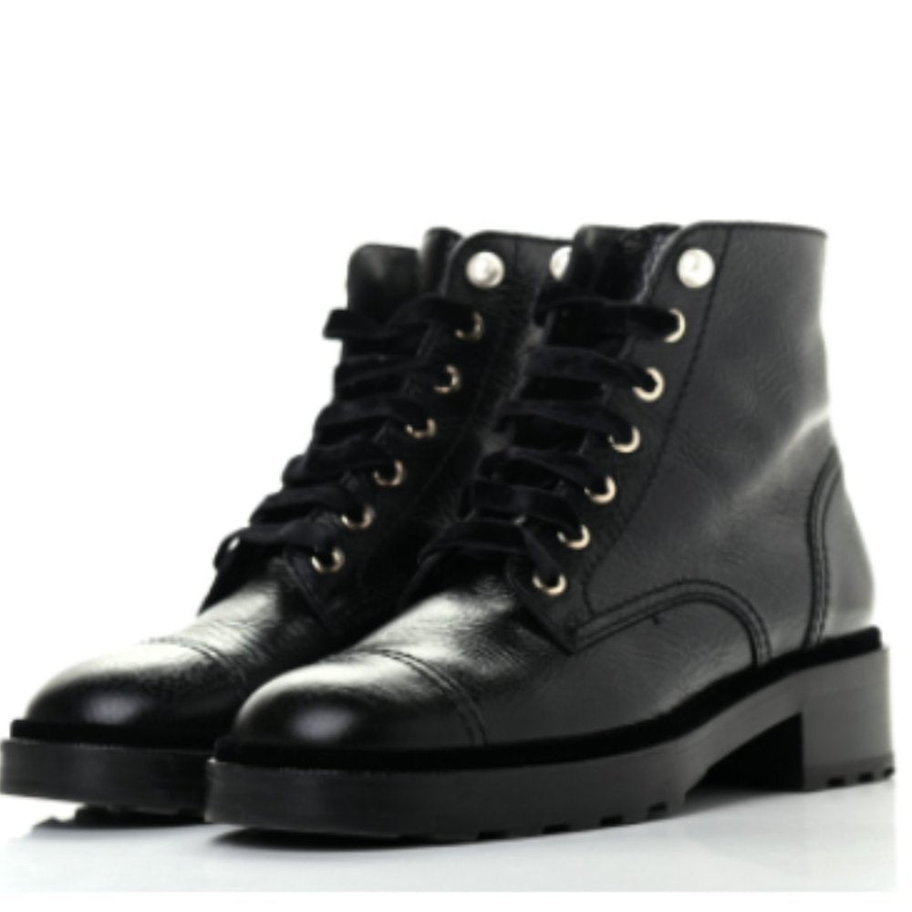 CHANEL Calfskin Pearl Combat Ankle Boots 41.5, Black