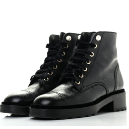 CHANEL Calfskin Pearl Combat Ankle Boots 41.5, Black