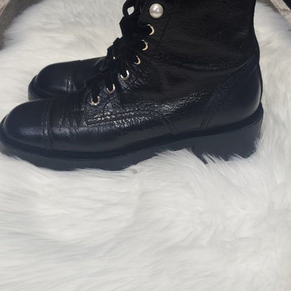 CHANEL Calfskin Pearl Combat Ankle Boots 41.5, Black