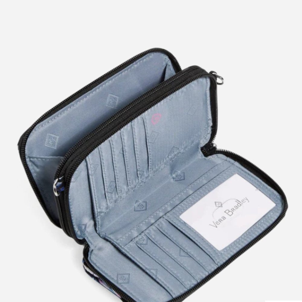 RFID All in One Crossbody Bag in Recycled Cotton, Plum Paisley