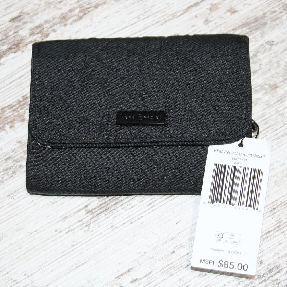 Vera Bradley RFID Riley Microfiber Compact Wallet, Black NWT!!