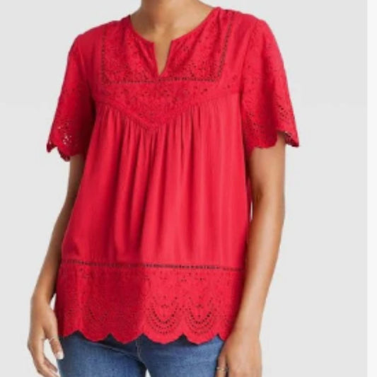 Women's Knox Rose Tops Knox Rose Short Sleeve Eyelet Shirt, Robin Red, 1X NWT!