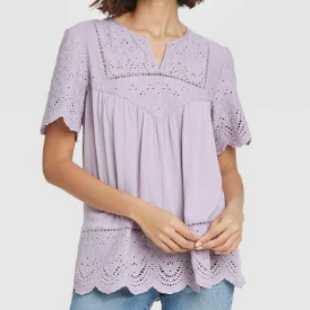 Women's Knox Rose Tops Knox Rose Short Sleeve Eyelet Shirt, Lilac XL